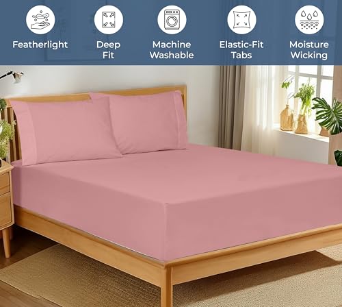 Image of Royale Linens 100% Organic Cotton Fitted Sheet - Percale Weave - Super Soft Deep Pocket Bottom Sheets - White Elastic Sheet King Size - King Fitted Sheets Only - (78 inchx80 inch+15 inch, Pink)