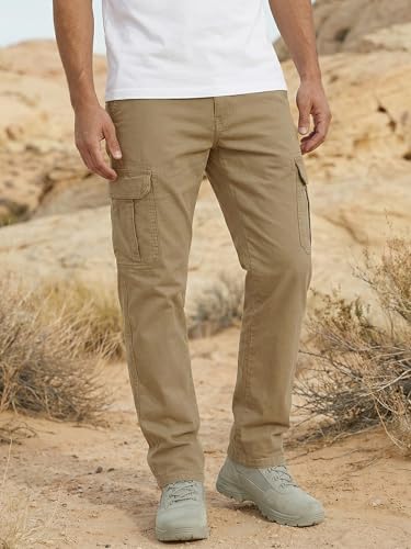 رونكاتي سروال كارجو للرجال مصنوع من القطن باستك عند الخصر للمشي لمسافات طويلة، بنطلون رياضي للجري وممارسة الرياضة في الهواء الطلق، سروال تكتيكي بقصة مستقيمة وقصة فضفاضة مع جيوب بلون كاكي،