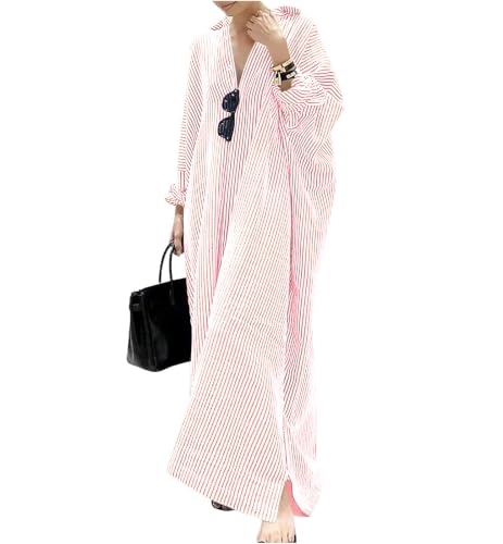 Image of ebossy Women's Oversized Boho Striped Shirt Dress Button Up Long Sleeve Flowy A Line Caftan Dress with Pockets