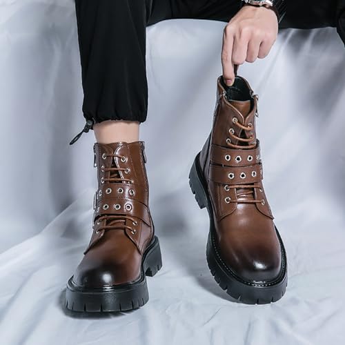 Image of Men's Black Leather Platform Ankle Boots Lace up Side Zip Adjustable Buckle Lug sole Non-Slip Combat Booties Fashion Punk Motorcycle Boots