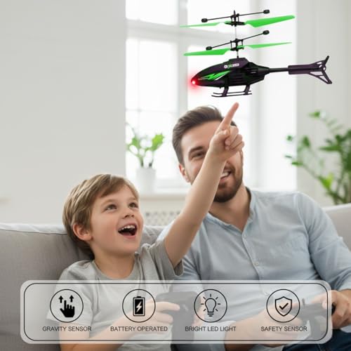 Image of Gravity Sensor Trigger Remote Helicopter Toy for Boys with Safety Sensor, Indoor Palm Sensing, Rechargeable with LED Lights I Pack of 1 (GG Green)