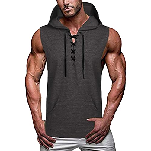 Maiyifu-GJ Men's Lace up Hooded Tank Top Sleeveless Gym Workout Hoodie T Shirt Bodybuilding Fitness Muscle Hoodies Vests (Grey,X-Large)