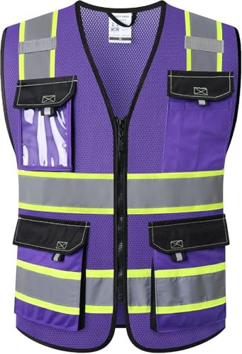 Image of JKSafety Hi Vis Reflective Safety Vests for Men Women High Visibility Vest with Pockets Mesh Fabric Construction Safety Apparel Neon Vest for Work (220-PurpleB S)