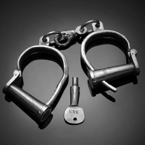 Image of Vintageware Heavy Duty Carbon Steel Indian Handcuffs with Removable Key, Chrome Finish, Adjustable Metal Handcuffs for Theatre, Drama, Stage Performance, Film Props & Historical Display