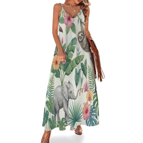Robe sundress longue décontractée sans manches à motif exotique beige et coloré