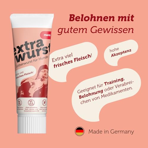 MERA Extrawurst getreidefreie Hundeleberwurst, 75g Tube mit viel Frischfleisch und Geschmack, Trainingsleckerli für ausgewachsene Hunde und Welpen, ohne Zucker und Salz