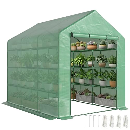 Outsunny Foliengewächshaus begehbares Gewächshaus mit 8 Regalebenen Tomatengewächshaus Treibhaus Frühbeet mit Tür Grün Stahl PE-Kunststoff 244 x 180 x 210 cm