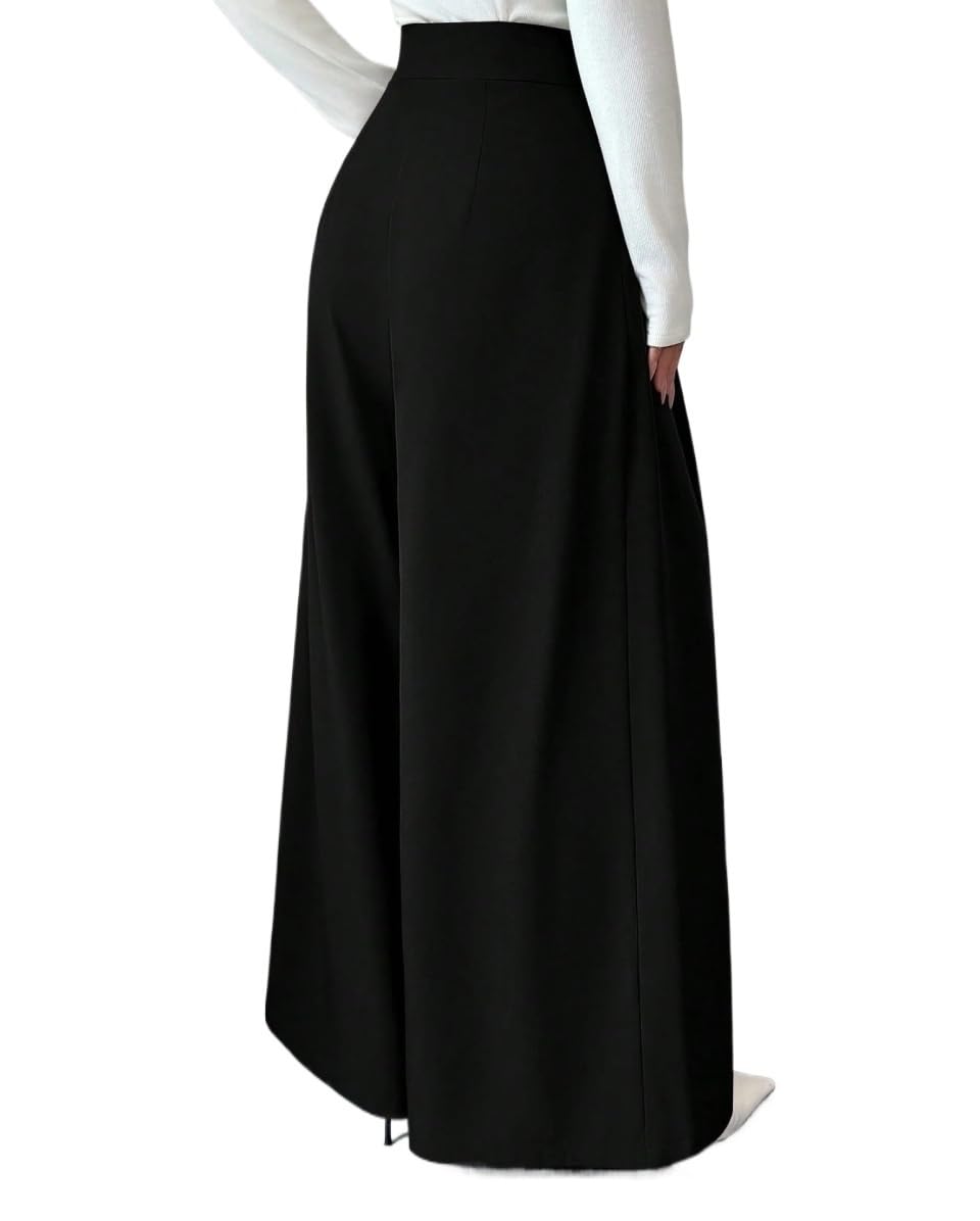 Womens High Straight Pants High Waist Side Zipper Decor Button Design Flared Leg Casual Pants