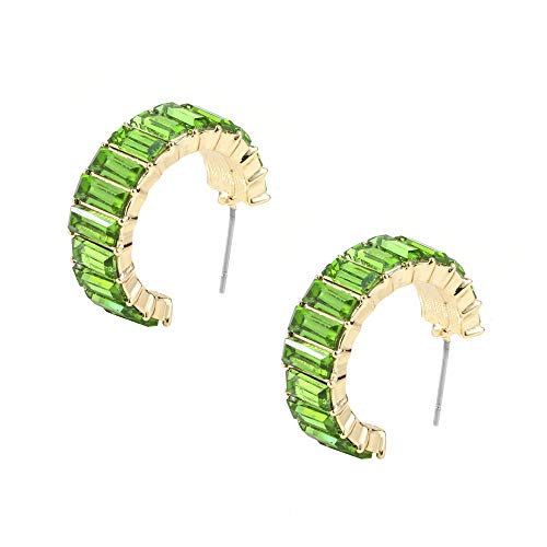 Hoop Earrings Rainbow Emerald Cut Square Baguette Eternity Band Earrings Glass Created-Gemstone Crystal Huggie Drop Earrings for Woman Girls (Green)