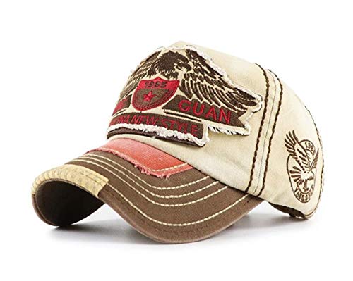 CHENNUO Vintage Distressed Cap Mens Cotton Embroidered Baseball Caps Snapback Trucker Hat (Beige)
