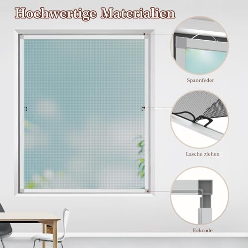 Yotache 2 sets Fliegengitter Fenster mit Rahmen Fliegenschutz 118x118cm Fenster Fliegengitter mit Alurahmen, Schneidbar, Bausatz zur Selbstmontage (Silberner Rahmen)