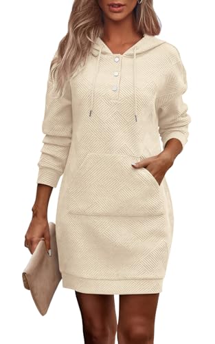 PRETTYGARDEN Womens Long Sleeve Hoodies Dress 2026 Fall Fashion Texture Button Oversized Sweatshirts Spring Dresses with Pockets (Beige,M)