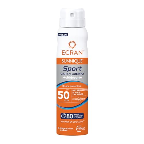 Ecran Sunnique Sport Bruma Protectora Rostro y Cuerpo SPF 50 – Muy Resistente al Agua y Sudor – Protección Invisible 2 en 1 – 75 ml