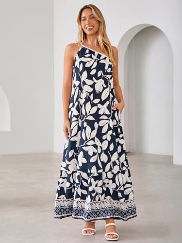 Glamaker Womens Summer One Shoulder Maxi Dress Casual Sleeveless Printed Flowy Boho Beach Long Sundresses Vacation Clothes Navy White — view 3