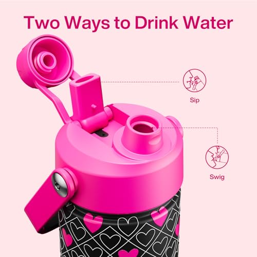 Image of ENCOOL Insulated Water Bottle with Straw Stainless Steel Water Bottle, Leak-Proof, BPA-Free, Keeps Cold for 24 Hours for Sports, Travel, School (26 oz, Bold Hearts Ember x Black)