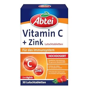 Abtei Vitamin C + Zink – wertvolles Vitaminpräparat zum Lutschen – zur Unterstützung der Abwehrkräfte und des Zellschutzes – glutenfrei, vegan – 1 x 30 Lutschtabletten