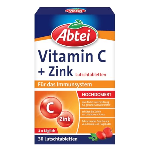 Abtei Vitamin C + Zink - wertvolles Vitaminpräparat zum Lutschen - zur Unterstützung der Abwehrkräfte und des Zellschutzes - glutenfrei, vegan - 1 x 30 Lutschtabletten