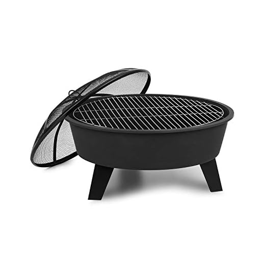 Blumfeldt Nolana - Brasero Exterior 2 en 1, Barbacoa Jardin 73cm ø, Hoguera Exterior Protectora de chispas, Parrilla 64 cm, FireView, Hierro Fundido, Acero Revestido, Atizador y Parrilla, Negro