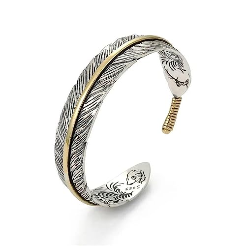 Pingyongchang Feather Bracelet Vintage Silver Adjustable Feather Bracelet Charm Bracelet Simple Retro Cuff Jewelry for Women Men