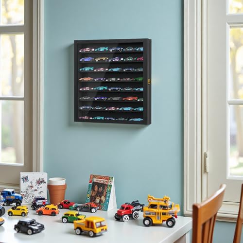 Image of Large Display Case for 1 /64 Scale Model Cars, Wall-Mounted or Freestanding Wood Display Cabinet for Hot Wheels, Rocks, Challenge Coins, Mini Toys, Minifigures, UV Protection Shadow Box, Black