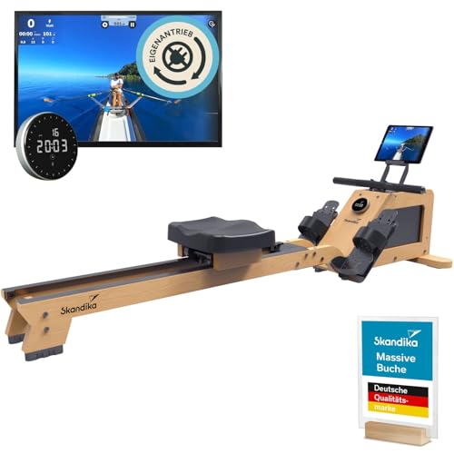 Skandika Rudergerät für Zuhause Torin P6-G | Rudergeräte Krafttraining, mit Eigenantrieb, Rahmen aus Echtholz, Magnetbremse 32 Stufen, Bluetooth & Kinomap App kompatibel, Aufstellfunktion, bis 150 kg