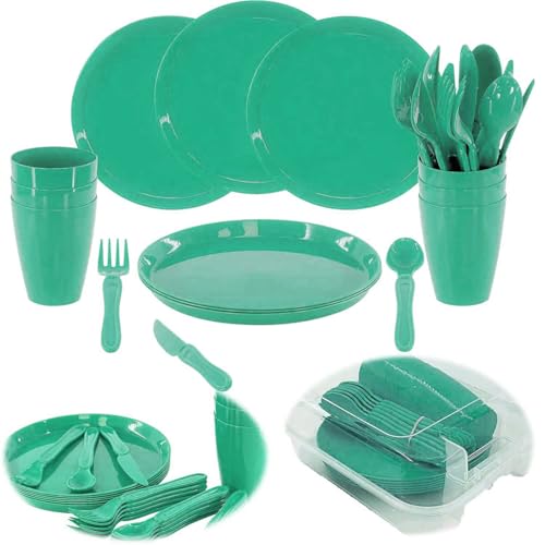 LS-LebenStil Camping Geschirr Set 31-teilig Grün Picknickkorb Picknick-Set für 6 Personen Mehrweggeschirr Picknickkoffer für Camping, Strand, Wohnmobil, Becher Teller Besteck
