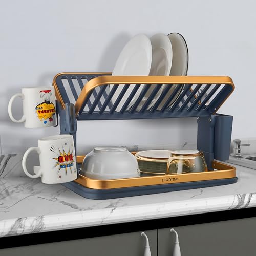 Image of Plantex Kitchen Storage Rack /Aluminium Fold Flat Dish Drying Rack with Drainboard /2-Tier Kitchen Organiser Rack - (Gold & Grey)