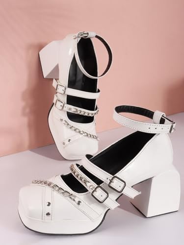 Image of TRYME Women's Ankle Buckle Strap Mary Jane with Chain Chunky Block Heel Sandals