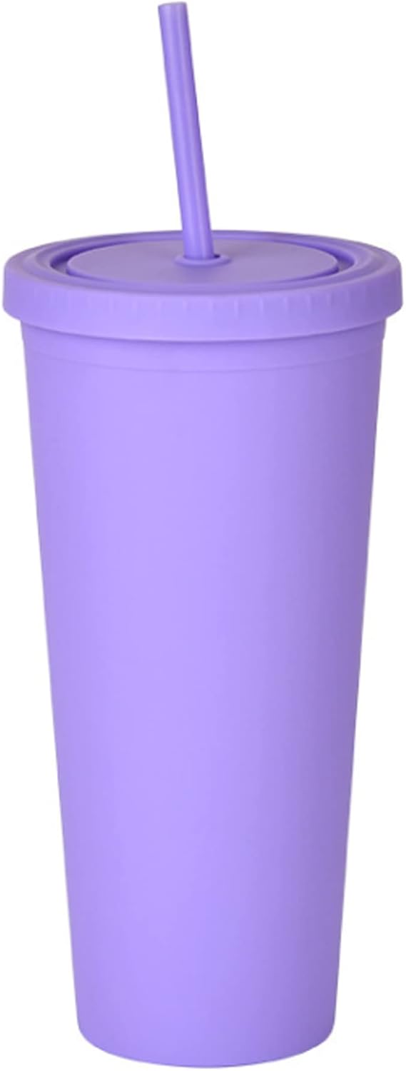 Vasos plastico, Vasos de agua de plástico con tapas y pajitas, Reutilizables Vasos, Bebidas frías, hogar, oficina, taza de café para coche, 700ml (Morado)