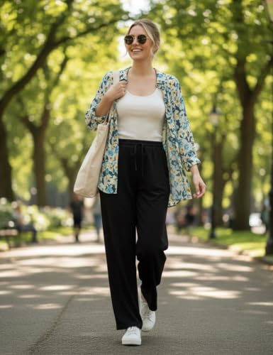 Aphratti Wide Leg Pants for Women Flowy Drawstring Elastic Waist Summer Pants Black X-Large - image 7