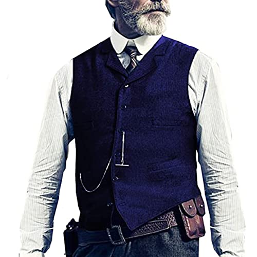 Casual Lapel Suit Vest for Male Tweed Herringbone Business Formal Waistcoat Tank Top for Men Father Husband Prom Party ( Color : Royal Blue , Size : Small )