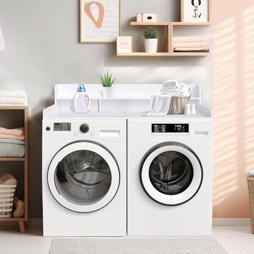 CuisinSmart Washer Dryer Countertop with 2-Tier Shelf, Wood Laundry Countertop Over Washer and Dryer with Edge, 54" Width x 27.5" Depth Laundry Hamper Table Top Storage Organization White