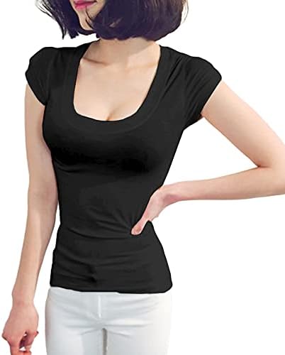Amazon レディース トップス Tシャツ 薄手 半袖 胸元 セクシー Uネック シンプル ストレッチ インナー ショート T シャツ Tシャツ カットソー 通販