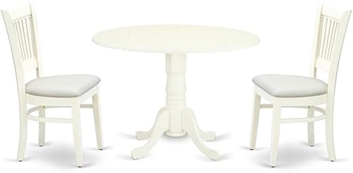 East West Furniture DLVA3-LWH-C - Juego de mesa de comedor moderno de 3 piezas que contiene una mesa redonda de madera con gotas y 2 sillas de