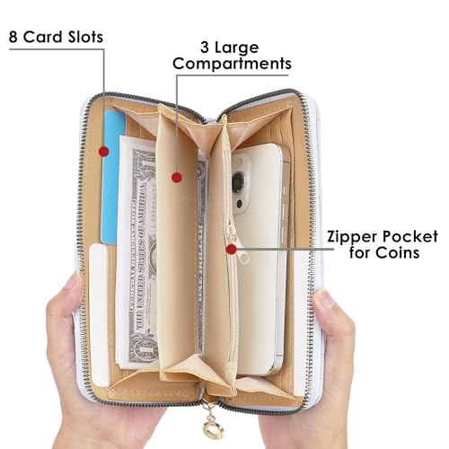 Checkered Zip-Around Wallet for Women, Faux Leather Credit Card and Cash Holder, Long Clutch Phone Purse, Light Blue3