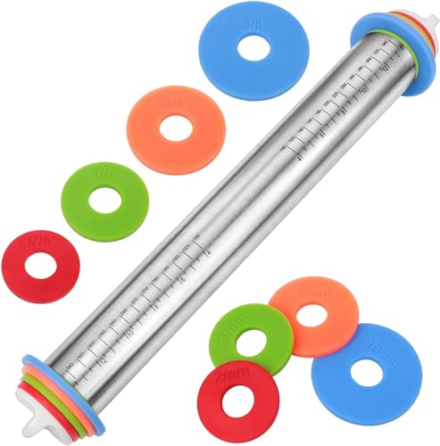 Adjustable Rolling Pin with Thickness Rings for Baking, 4 Sizes Removable Rings, Stainless Steel Dough Roller with Adjustable Thickness Rings for Baking Fondant, Pizza, Pie, Pastry, Pasta, Cookies