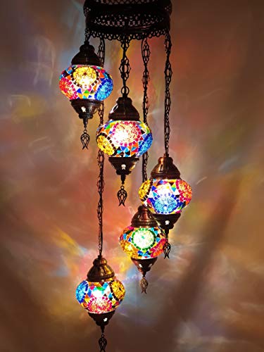 (Customizable Globes) DEMMEX 2019 Hardwired or PLUGIN 5 Globes Chandelier Lights Turkish Moroccan Mosaic Ceiling Hanging Pendant Chandelier Light Lighting (PlugIn with 15feet Cord,Chain&Plug)