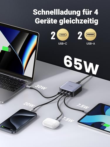 Ugreen Nexode 65W USB C Ladegerät mit 4 Ports für verschiedene Geräte