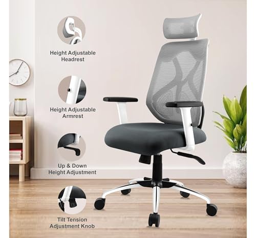 Image of Ergonomic Office Chair for Home & Office | Adjustable Headrest, Armrests & Lumbar Support | Mesh Back | Tilt Lock Mechanism | Heavy Duty Chromium Metal Base, Grey