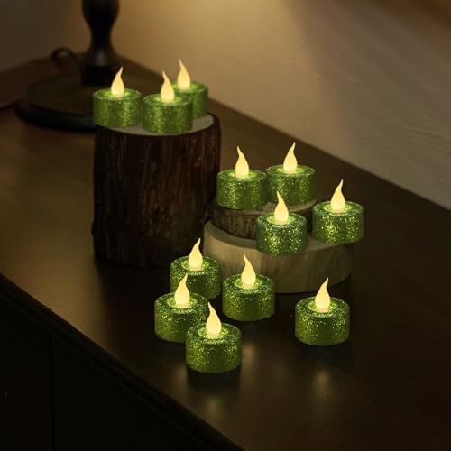 Image of FURORA LIGHTING Green Glitter Flameless Tealights - 1.45 inch W x 1.57 inch H, 12-Pack, Batteries Included