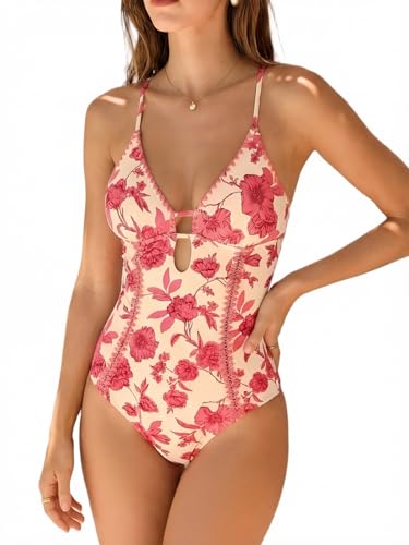 CUPSHE Women's One Piece Swimsuit Plunging V Neck Shell Stitch Bathing Suit Self Tie Adjustable Cutouts Swimwear, L Pink/Floral