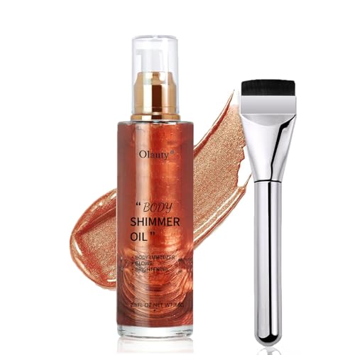 Body Shimmer Oil Golden Brown 4 Color Face Brighten Body Luminizer Glow For Face & Body, Summer Glow Highlighter Liquid Illuminator Body Makeup Glitter Body Oil with Brush (#4, 2.8 Fl Oz)