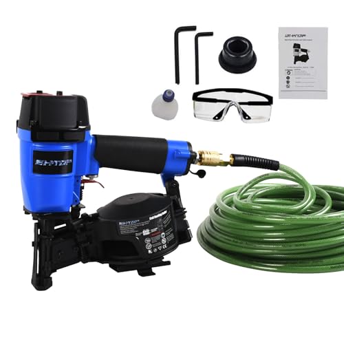 BHTOP CN45N Roofing Nailer with 100Ft Air Hose, 15 Degree Roofing Nail Gun, 3/4-Inch to 1-3/4-Inch Coil Nails, 120-pcs Load Capacity Coil Nailer in Blue
