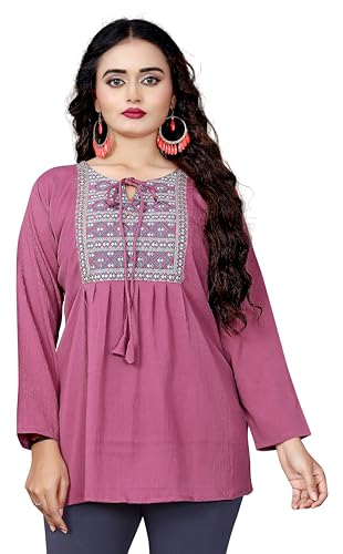 Image of Tunic for Women | Stylish Kurti Tops for Women | Casual Ethnic Kurti with Embroidered Neck Design Office Wear Trendy Kurti Top