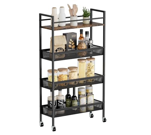 Dunatou Slim Storage Cart 4 Tier 5.9 in Wide Kitchen Slim Rolling Cart, Narrow Kitchen Cart with Handle and Wood Top, Metal Organization and Storage for Kitchen, Bathroom, Laundry Room, Black