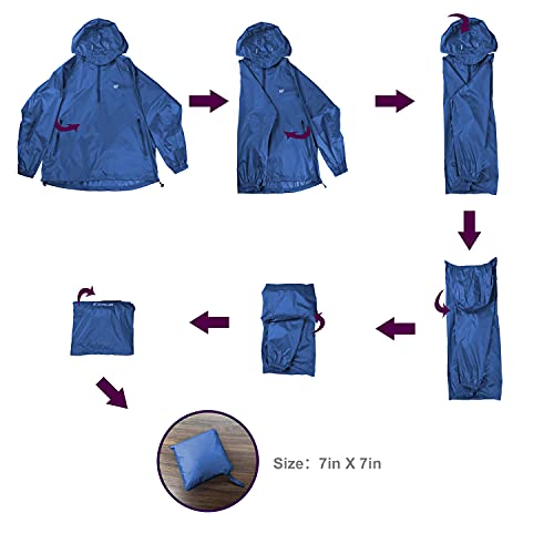 Men's Waterproof Hooded Rain Jacket Running Cycling Hiking Gear Windbreaker Lightweight Packable Raincoat (Navy,2XL)