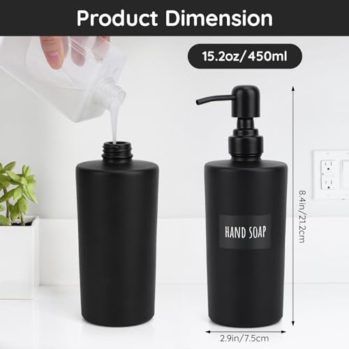 Image of Segbeauty Glass Soap Dispenser Set, 2pcs 15.2oz Refillable Bathroom & Kitchen Dispensers, 450ml Black with Pump & Labels