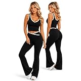 Black Womens Summer Gym Set 2 Piece Activewear – Removable Sports Bra Pads & High Waist Flared Leggings – Stretch Yoga Workout Outfit – Supportive Fitness Co Ord Set M/L (UK 12–16)
