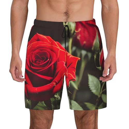 Wine and Red Rose Print Men Stylish Functionality Swim Trunks Breathable Beach Shorts Surfing Gym Fishing