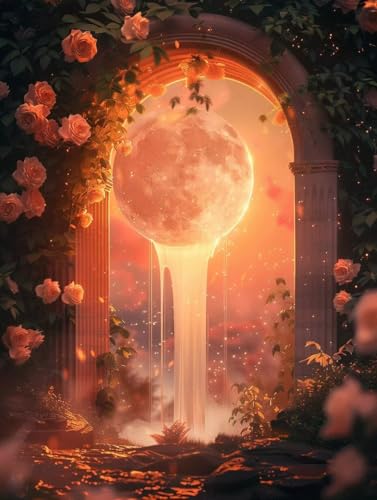 Diamond Painting Adulte Lune et Fleurs 40x50cm : Kit Broderie Diamant Complet